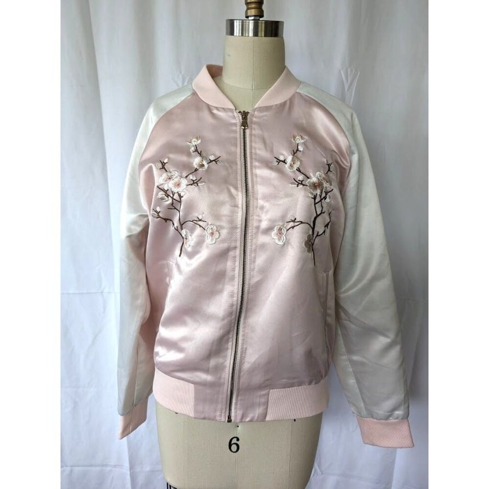 Ci Sono Satin Bomber‎ Jacket Women's Size Medium Pink Embroidered Floral Barbie